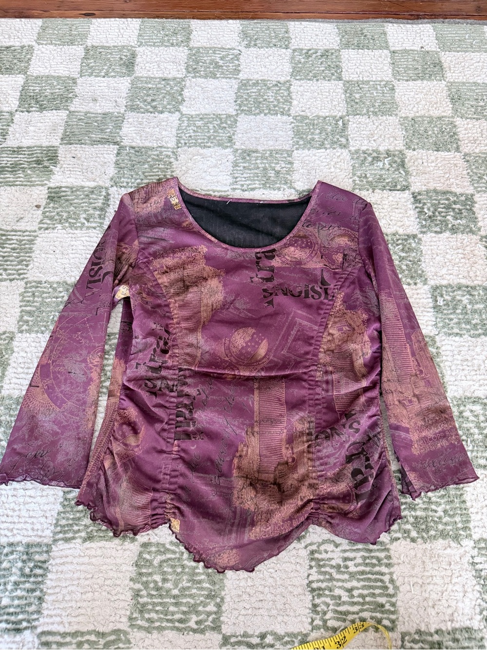 Purple Graphic gothic Print Mesh Ruched Top